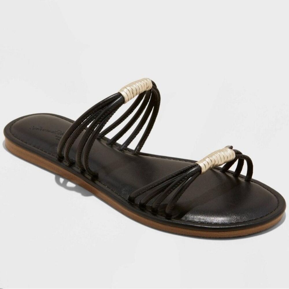 NWT!! Universal Thread Women’s Aura‎ Two Band Slide, Black and Gold Sandals, 8